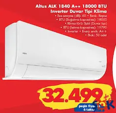 ALTUS ALK 1840 18000 BTU A++ DUVAR TİPİ INVERTER SPLİT KLİMA